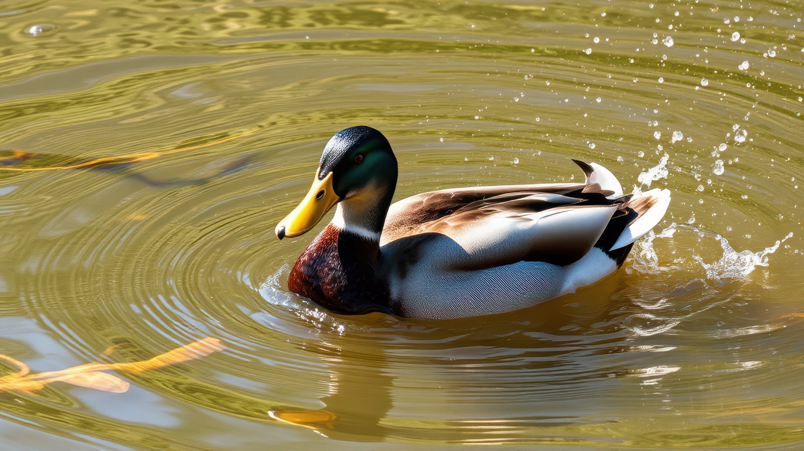 Duck swimming in calm water with ripples and reflections in a serene natural setting